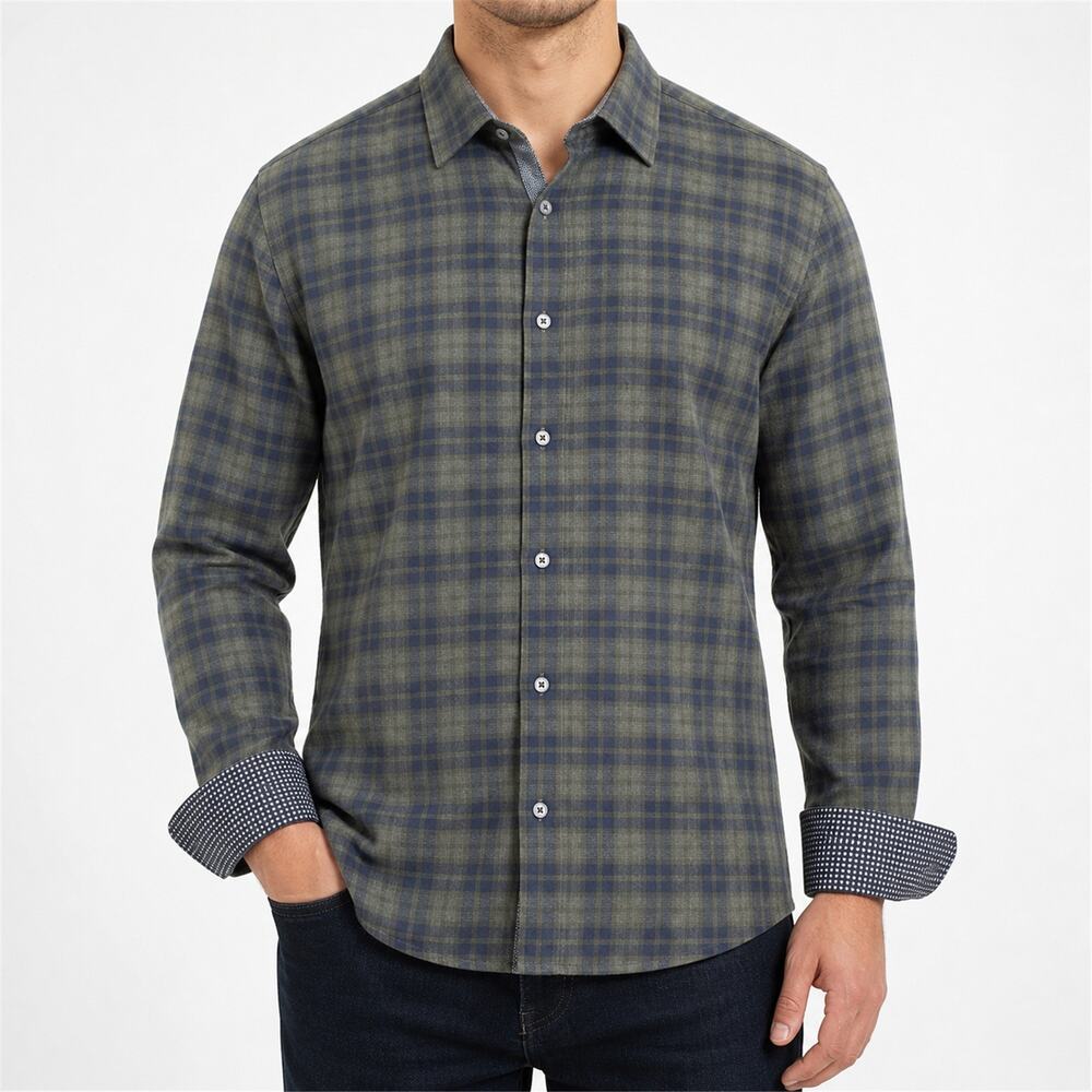 Ted Baker London Shirt Mens Large Blue Green Plaid Button Long Sleeve Flip Cuffs
